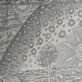 Illustration of a landscape transitioning into a celestial scene, showing a tree, sun with a face, stars, and cosmic elements separated by a curved boundary, inspired by a medieval cosmology engraving.