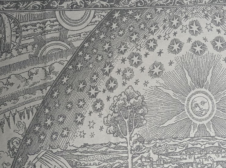 Illustration of a landscape transitioning into a celestial scene, showing a tree, sun with a face, stars, and cosmic elements separated by a curved boundary, inspired by a medieval cosmology engraving.