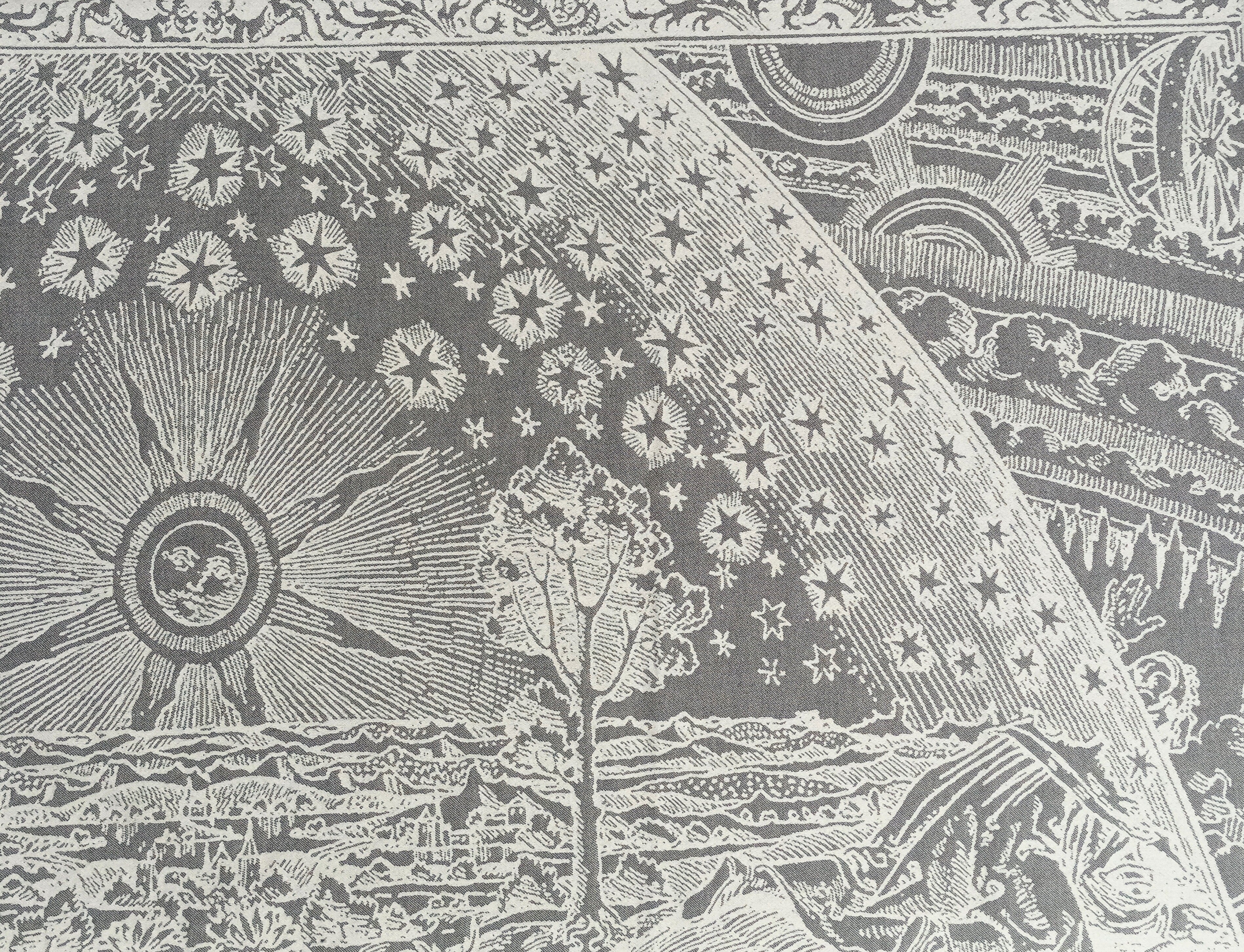 Reverse side of an Illustration of a landscape transitioning into a celestial scene, showing a tree, sun with a face, stars, and cosmic elements separated by a curved boundary, inspired by a medieval cosmology engraving.