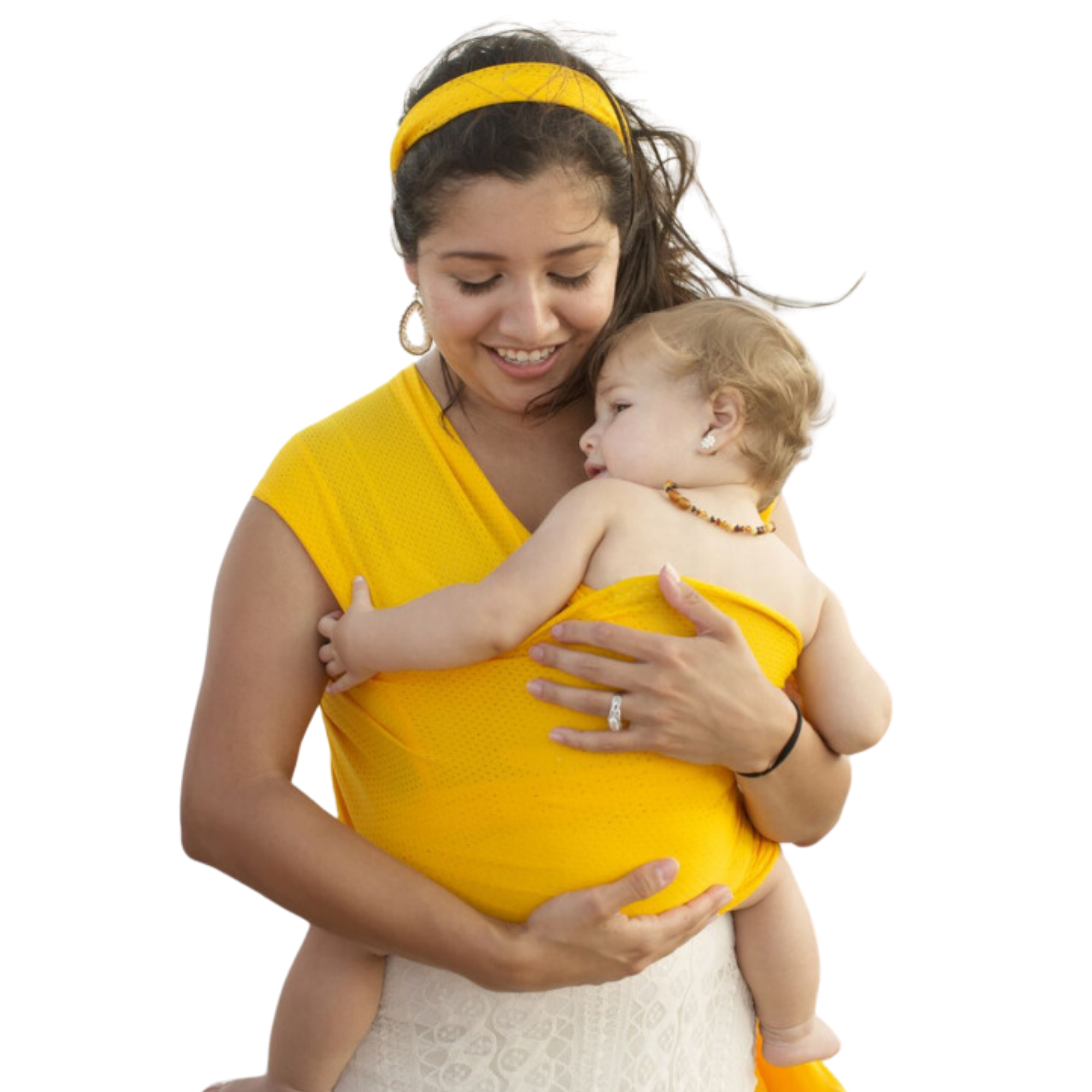 Parent wearing a Beachfront Baby Water Wrap, designed for lightweight, breathable babywearing during water activities.