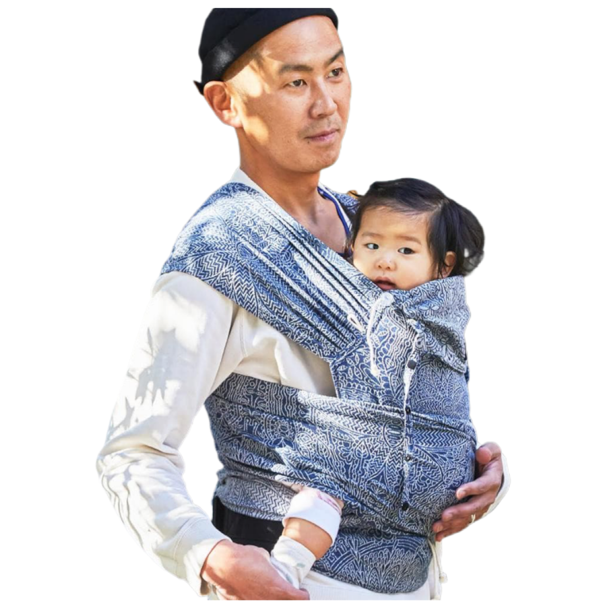 A parent wearing the Didymos DidyKlick Half Buckle Baby Carrier, showcasing the simple buckle system and woven wrap fabric for support