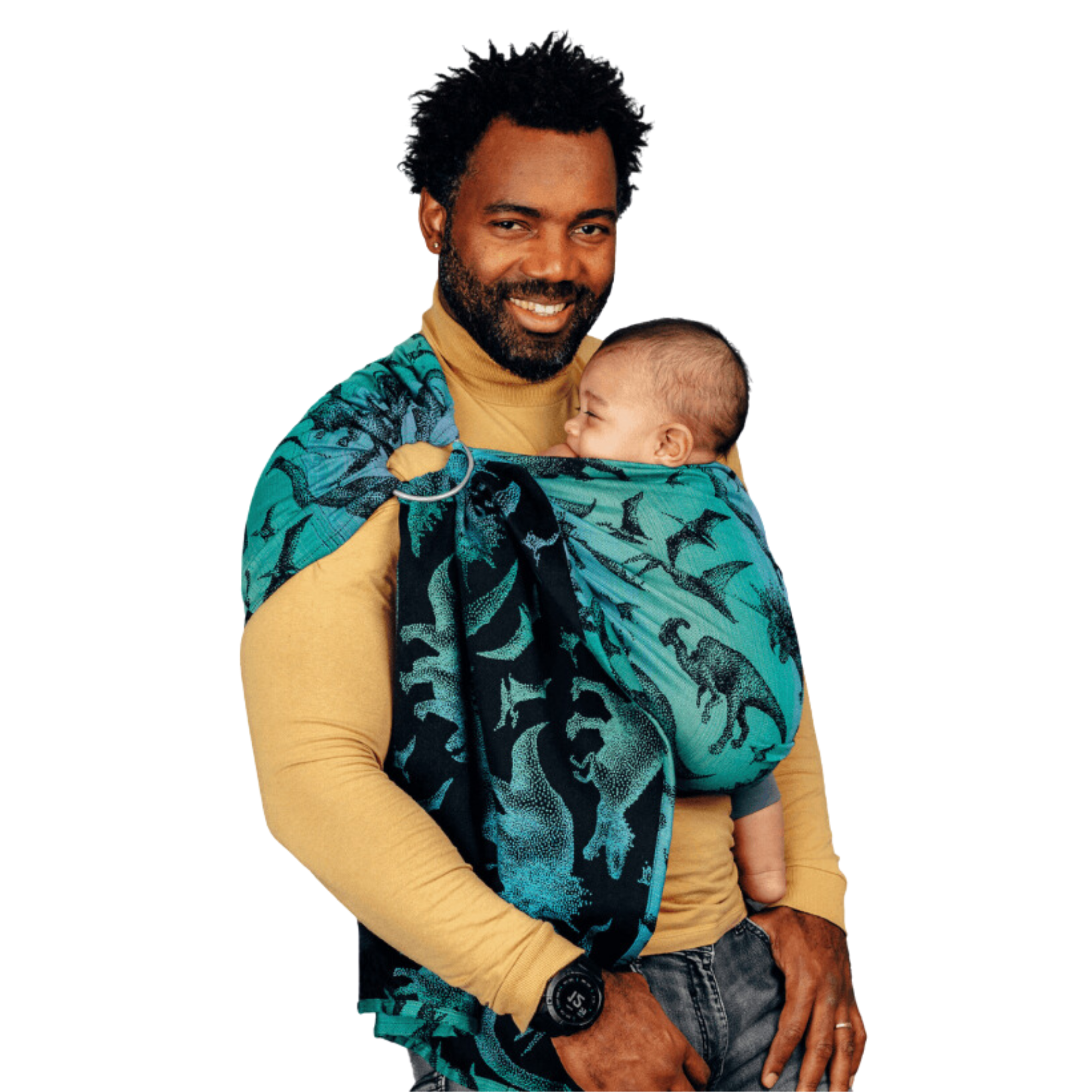 Parent using a LennyLamb ring sling, comfortably carrying baby in a stylish and supportive organic cotton ring sling