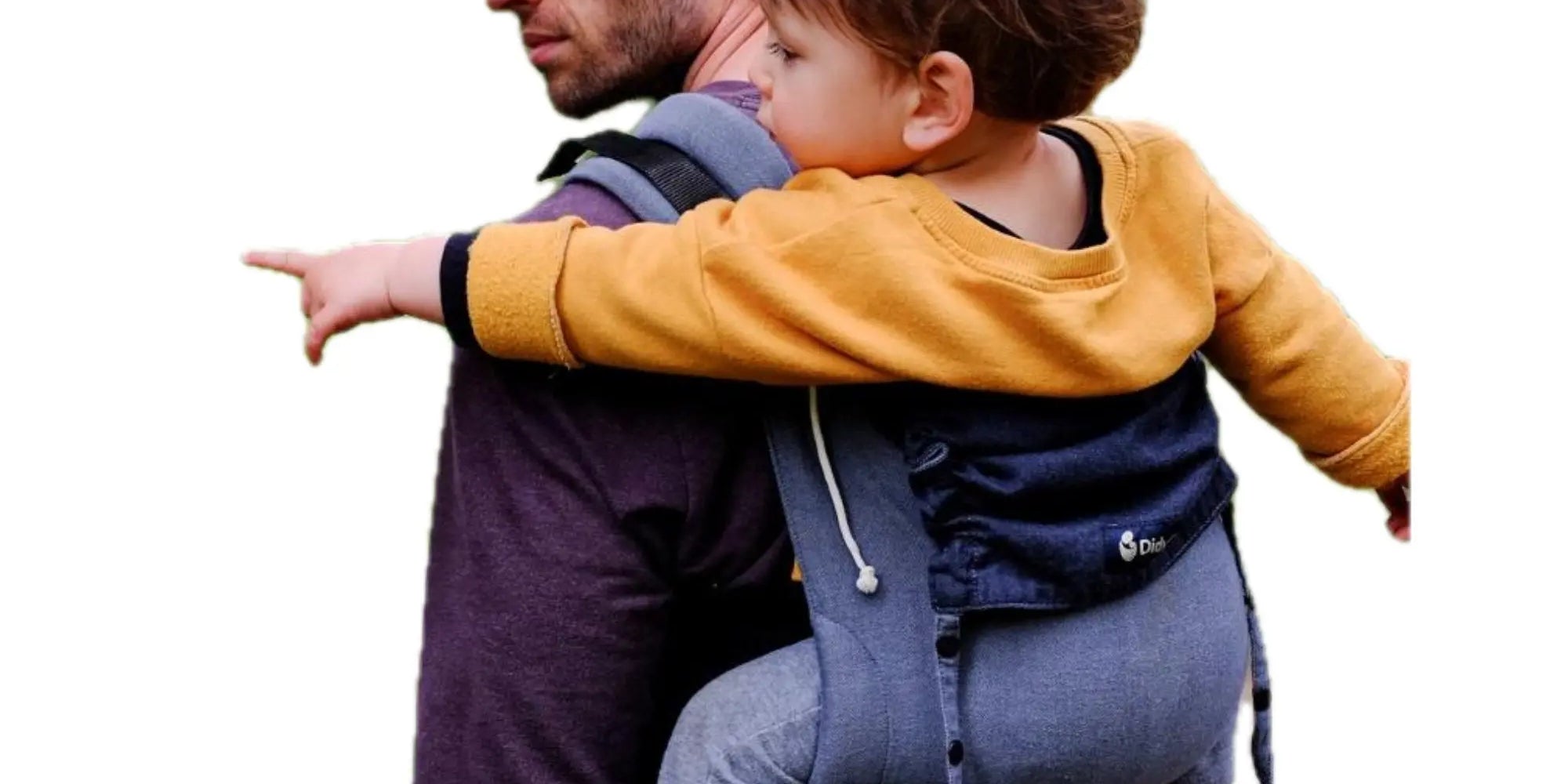 parent wearing toddler in gray and black onbuhimo style carrier 