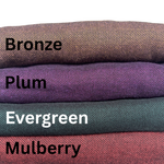 Stack of fabric swatches labeled 'Bronze', 'Plum', 'Evergreen', and 'Mulberry' on a white background.

Details