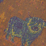 A close-up of a woven fabric pattern featuring a dark bull silhouette over a warm brown and orange textured background.