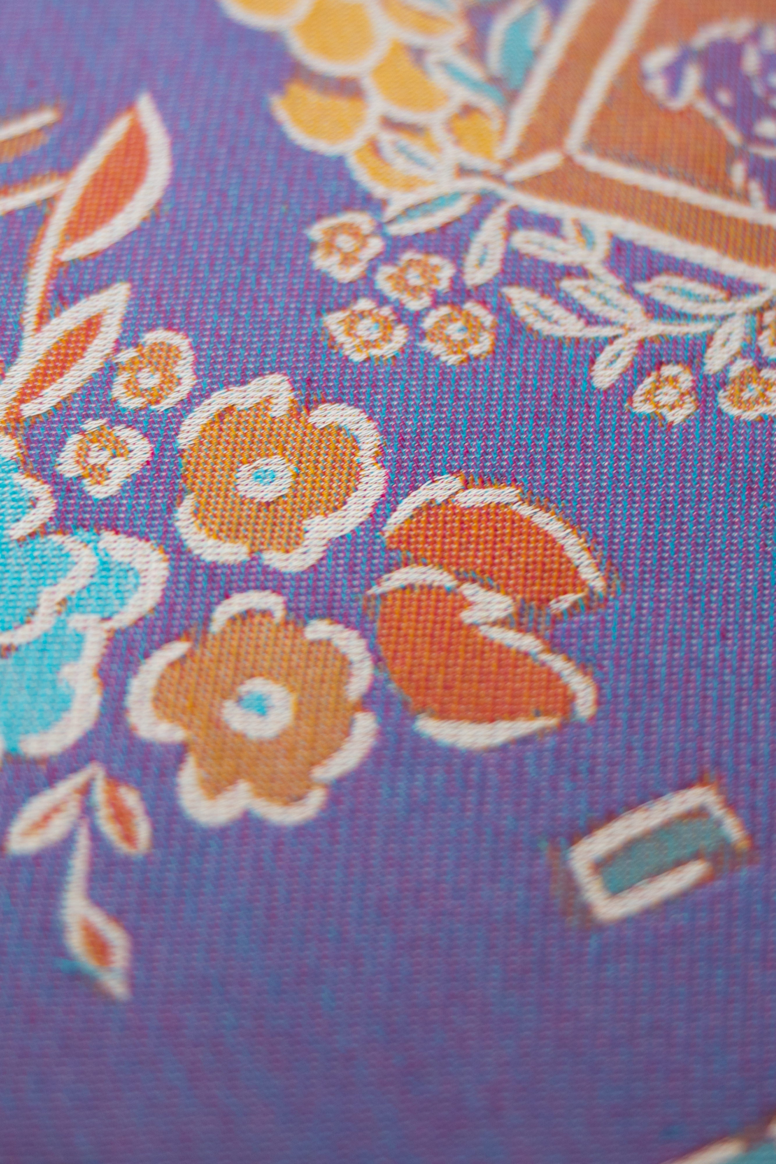 Floral and decorative pattern with dog illustrations on a purple background