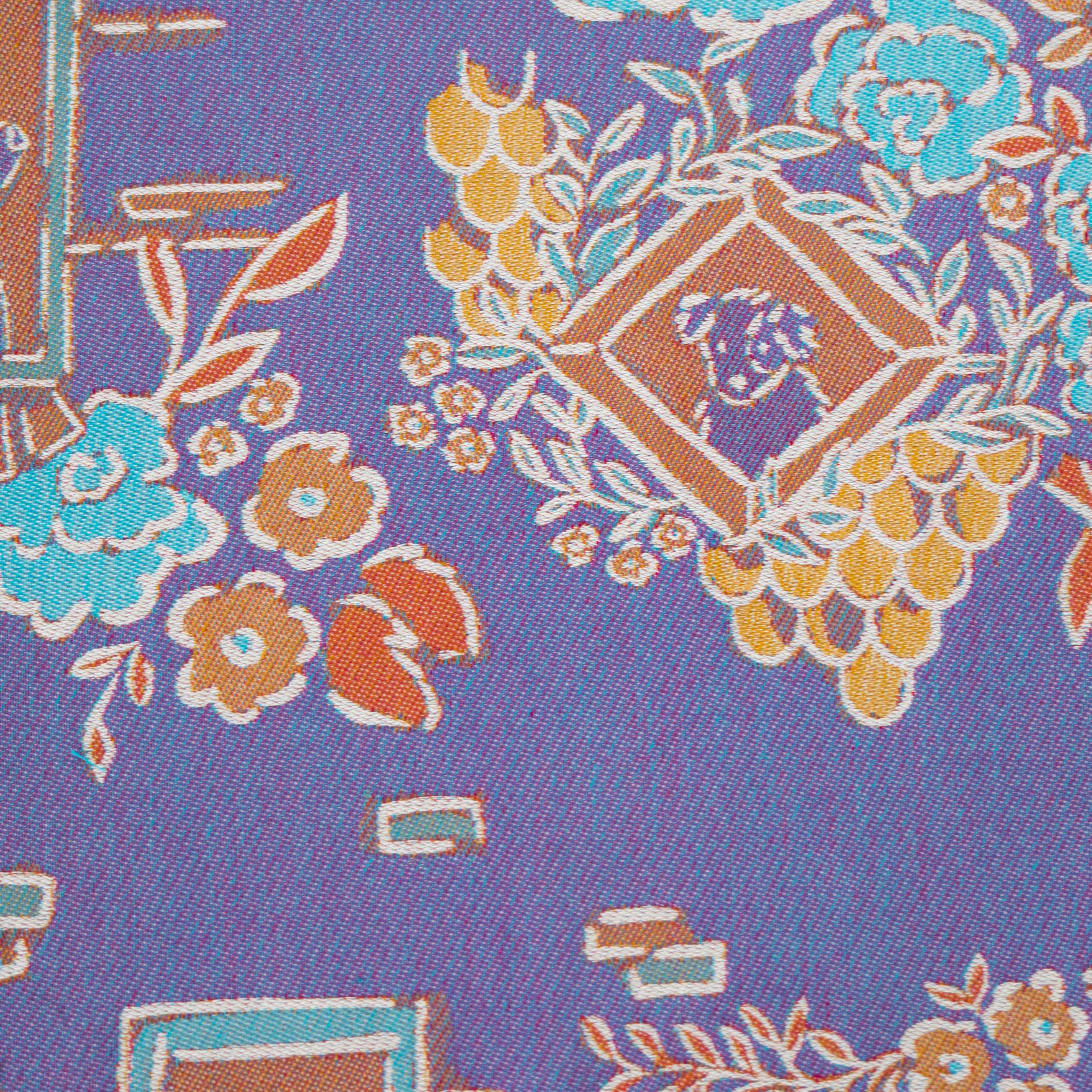Floral and decorative pattern with dog illustrations on a purple background