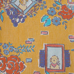 Floral and decorative pattern with dog illustrations on a yellow background