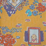 Floral and decorative pattern with dog illustrations on a yellow background