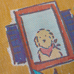 Floral and decorative pattern with dog illustrations on a yellow background