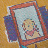 Floral and decorative pattern with dog illustrations on a yellow background