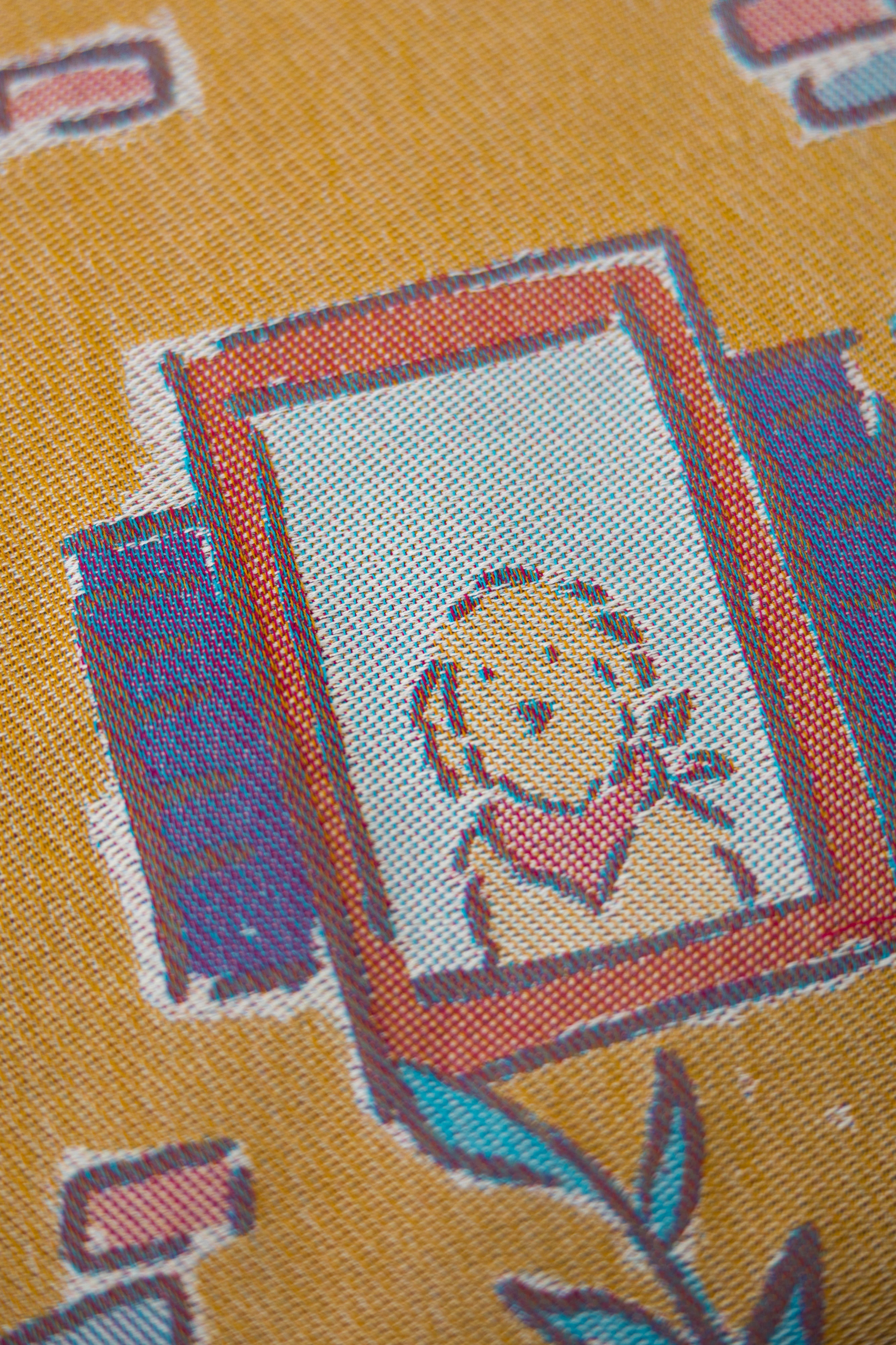 Floral and decorative pattern with dog illustrations on a yellow background