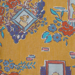 Floral and decorative pattern with dog illustrations on a yellow background