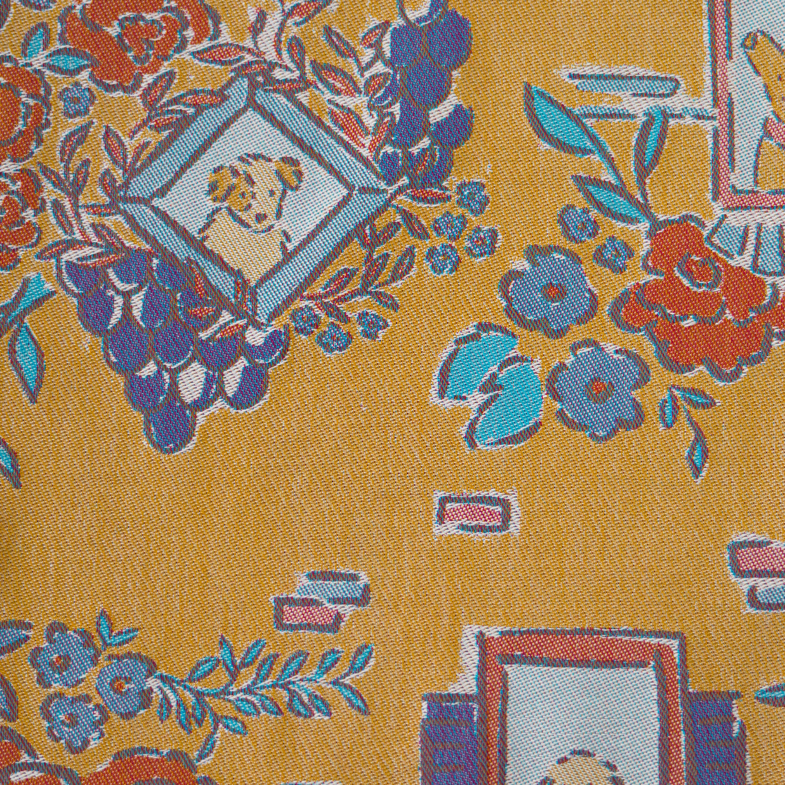 Floral and decorative pattern with dog illustrations on a yellow background