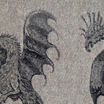 Close-up of a woven textile pattern featuring black and white dragon  antasy creature illustrations on a white background.