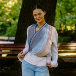 Lisca Opal Woven Wrap by Didymos, front cross carry outdoors