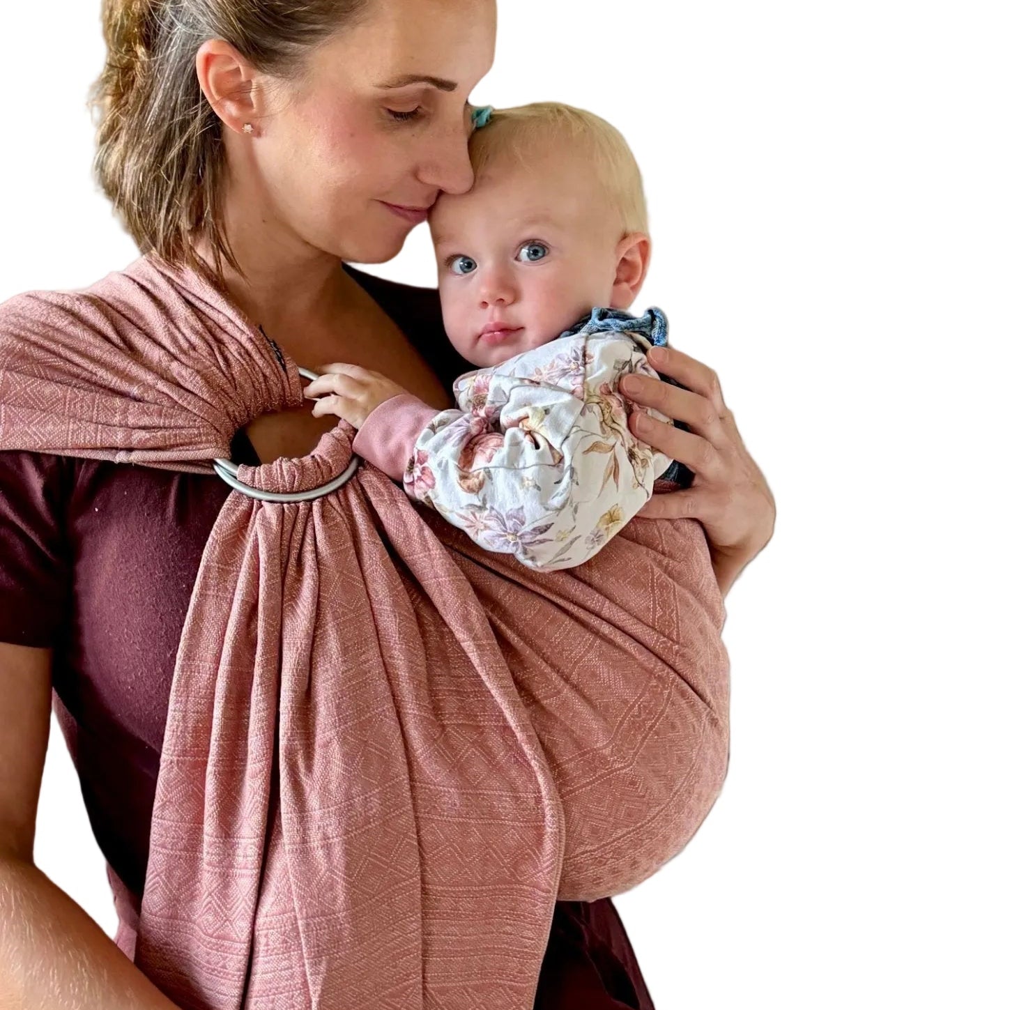 Prima Rosewood DidySling Ring Sling by Didymos, front carry showing the aluminium rings