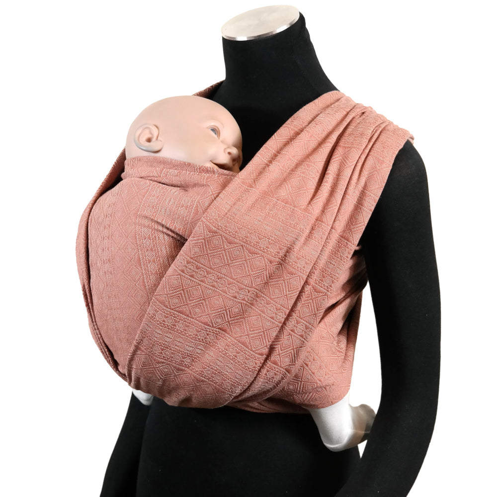 Prima Rosewood Woven Wrap by Didymos, front carry on a mannequin, front view