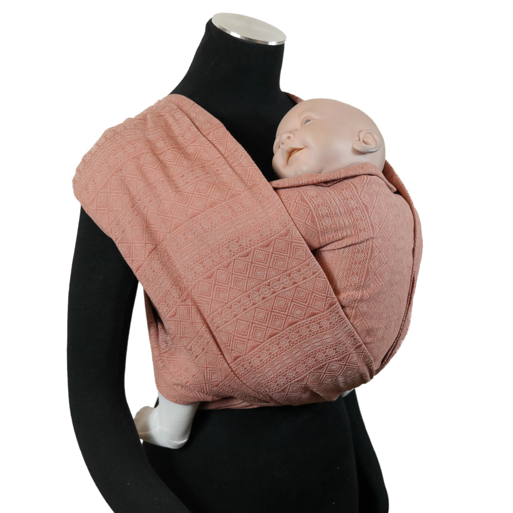 Prima Rosewood Woven Wrap by Didymos, front carry on a mannequin, side view