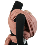 Prima Rosewood Woven Wrap by Didymos, front carry on a mannequin, over the shoulder