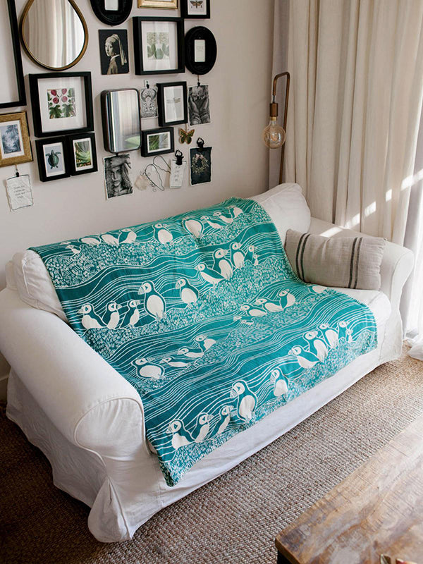 Puffins Bass Rock Brushed Cotton Throw by Oscha Oscha at Little Zen One