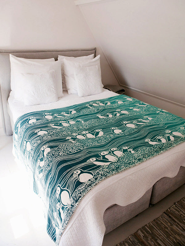 Puffins Bass Rock Brushed Cotton Throw by Oscha Oscha at Little Zen One