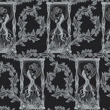 Decorative pattern with classical figures and foliage on a black background