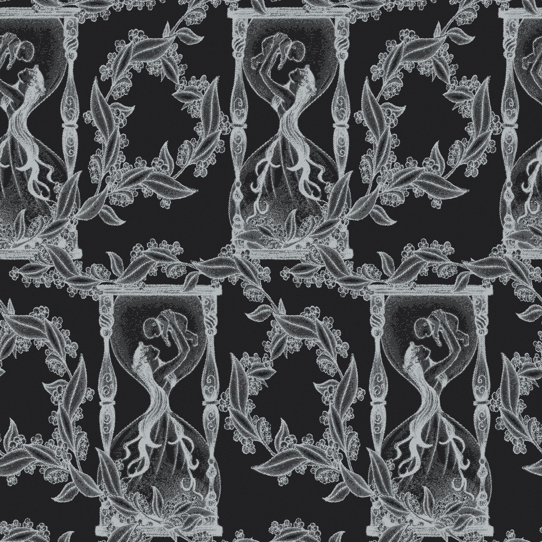Decorative pattern with classical figures and foliage on a black background