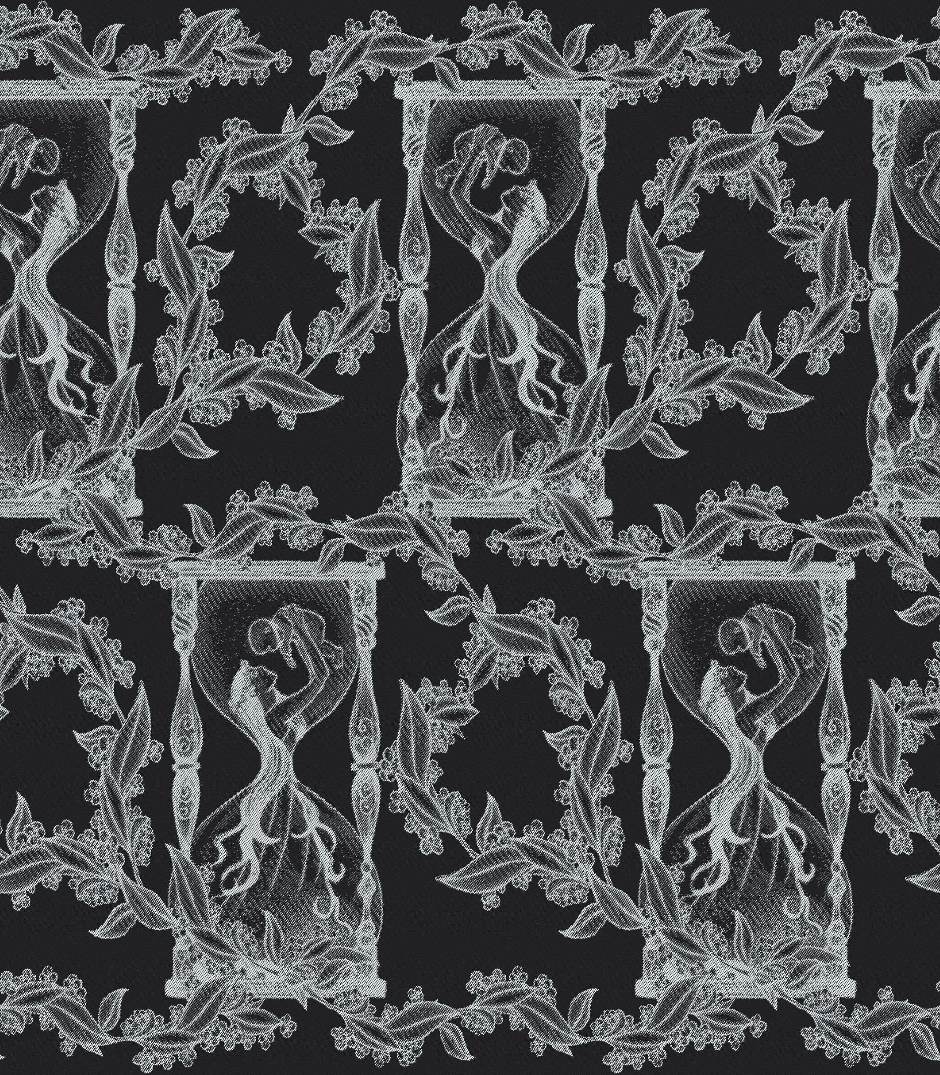 Decorative pattern with classical figures and foliage on a black background