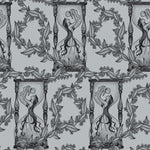 Decorative pattern with stylized figures and foliage on a light gray background