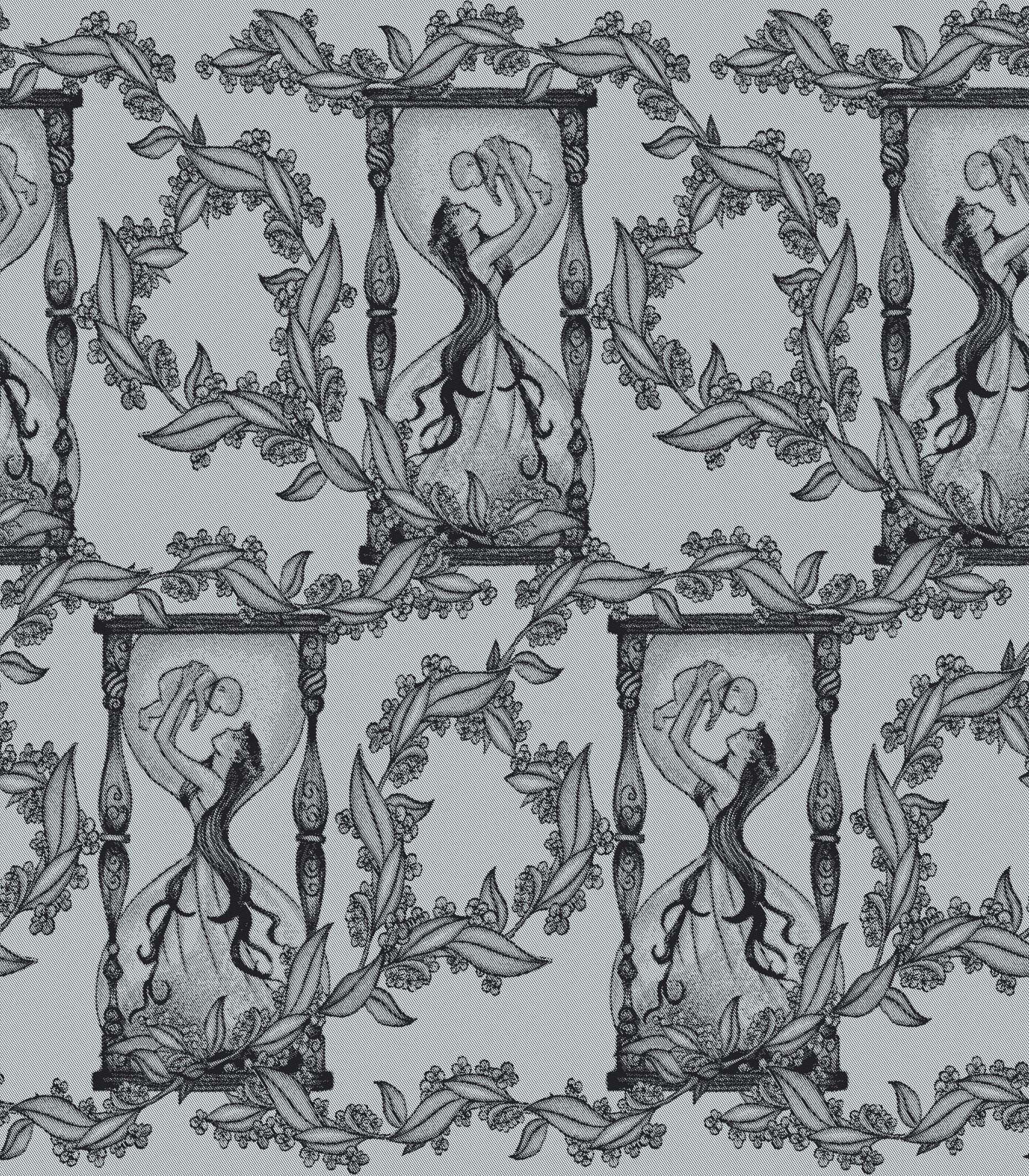 Decorative pattern with stylized figures and foliage on a light gray background