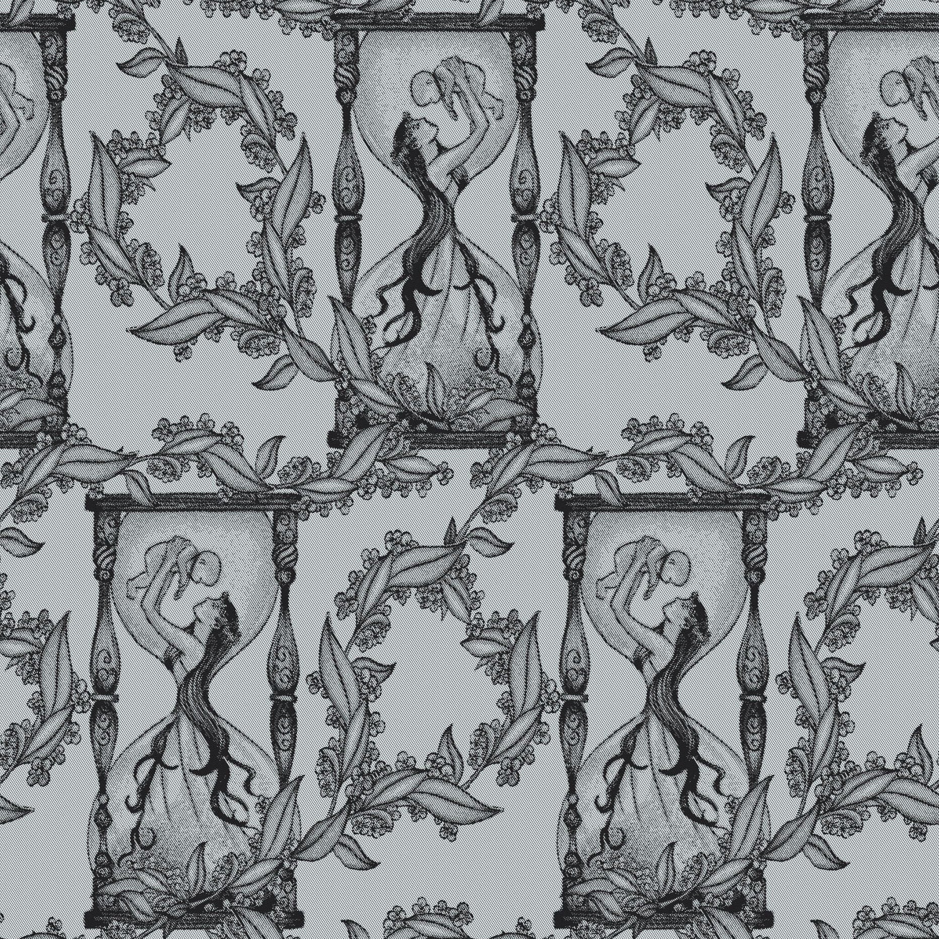 Decorative pattern with classical figures and foliage on a black background