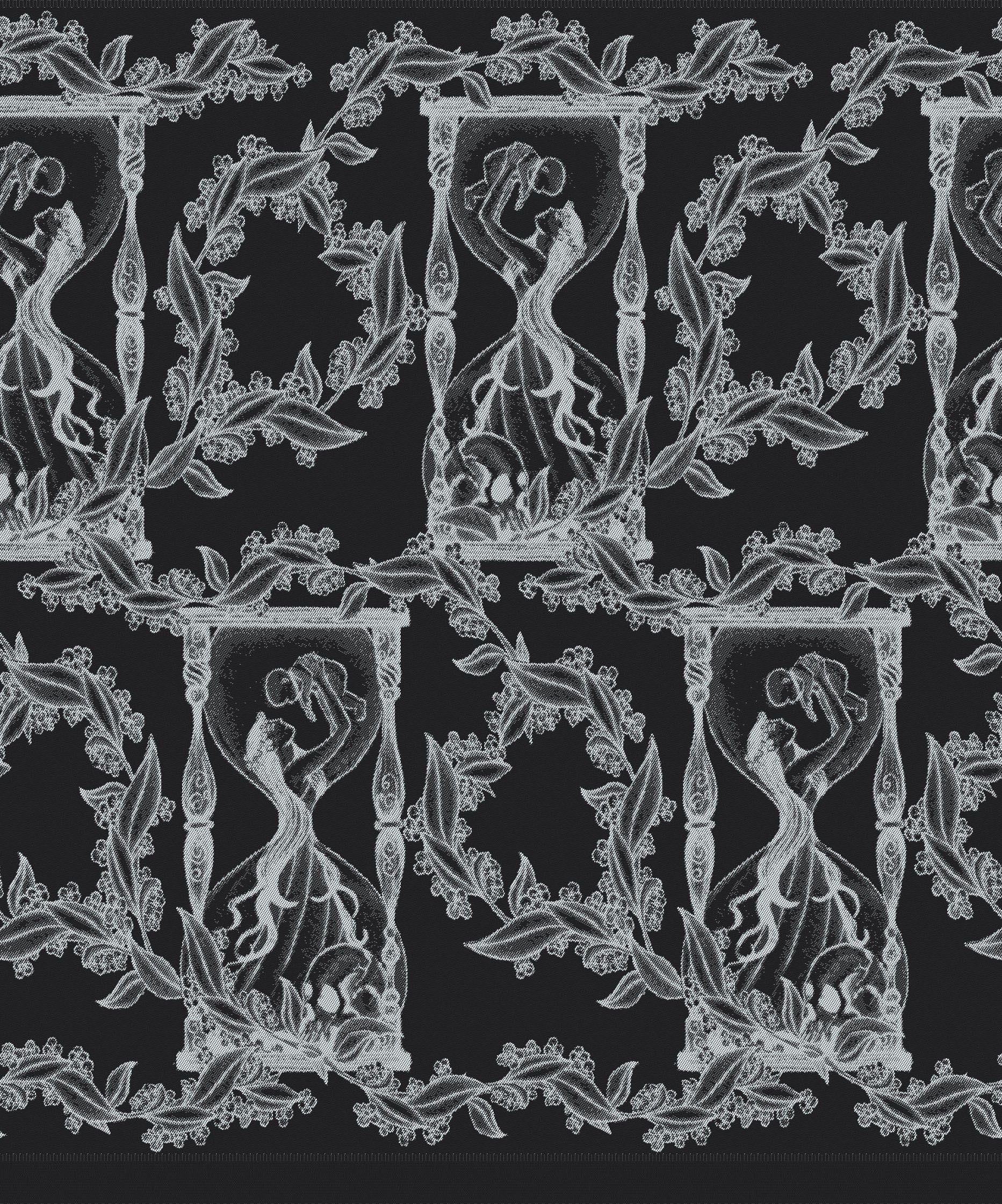 Decorative pattern with white silhouettes of figures and foliage and skulls on a black background