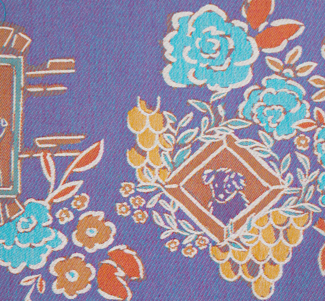 Floral and decorative pattern with dogs and flowers on a purple background
